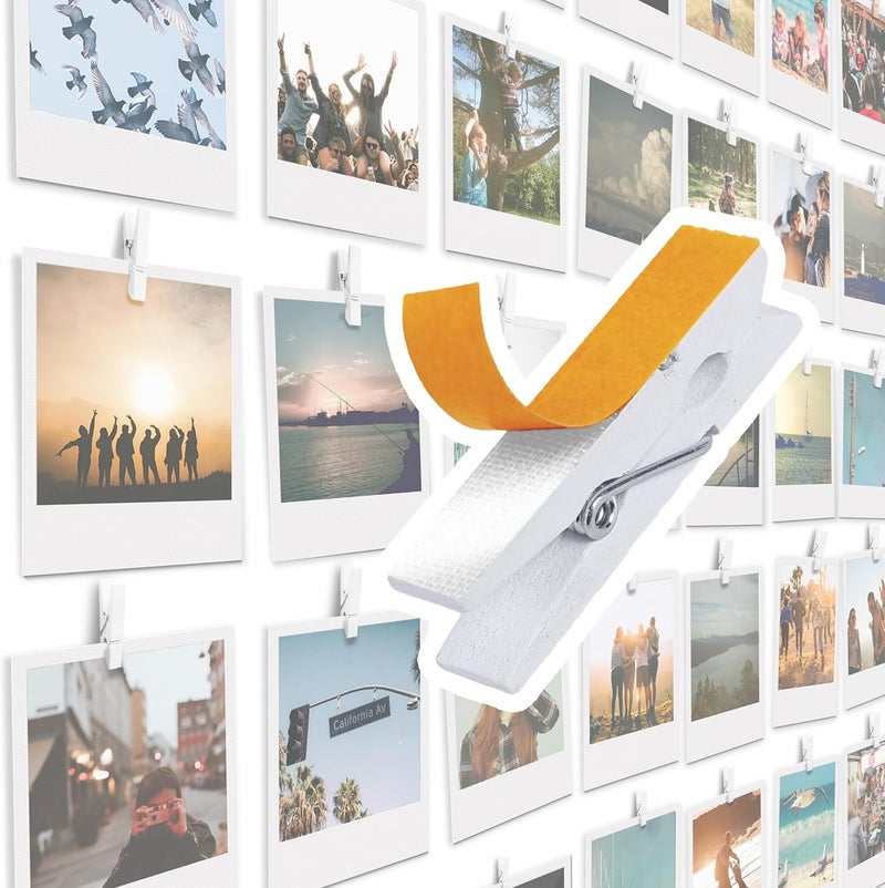 Toros 20 Pack Mini Self Adhesive Clips for Pictures - White Wood Clip Photo Holders for Wall, Poster Hanger, Photo Cards Hanging Display Board & Picture Boards, Artwork Photos Holders Card Room Decor - Image 1