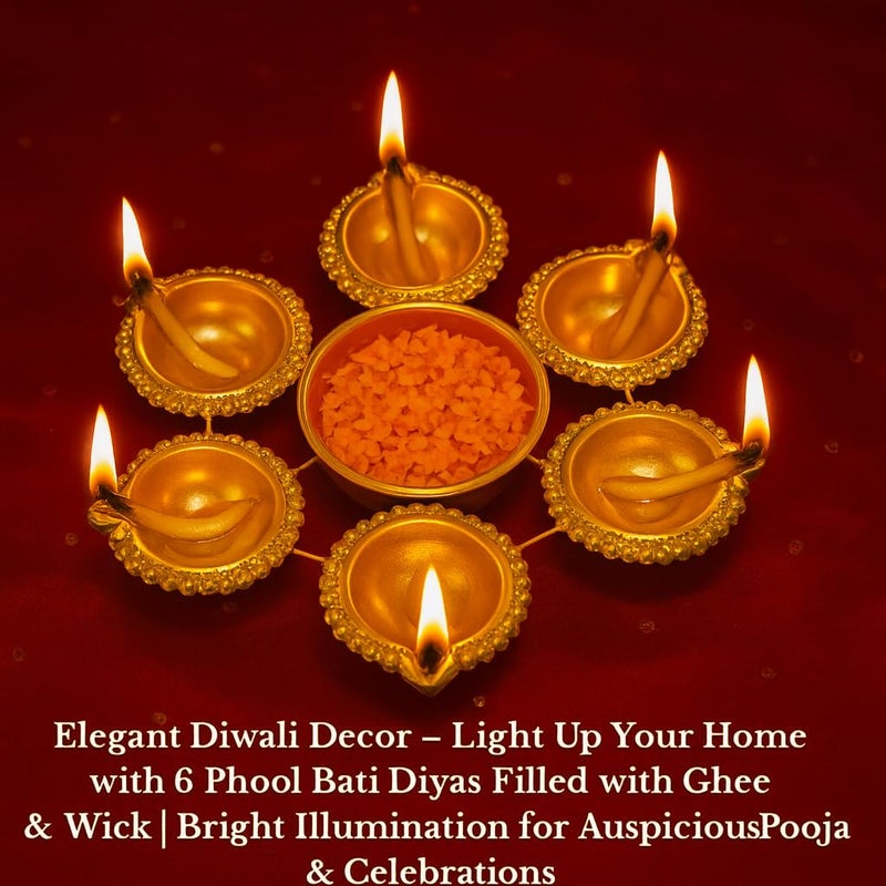 S Decor Premium Urli Bowl with 6 Diya for Festive Decor | Elegant Home Decor & Diwali Decoration for Home | Mandir Decoration Items for Pooja Festival & Diwali Decor Items (Golden Urli Bowl) - Image 2