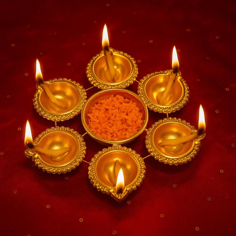 S Decor Premium Urli Bowl with 6 Diya for Festive Decor | Elegant Home Decor & Diwali Decoration for Home | Mandir Decoration Items for Pooja Festival & Diwali Decor Items (Golden Urli Bowl) - Image 1