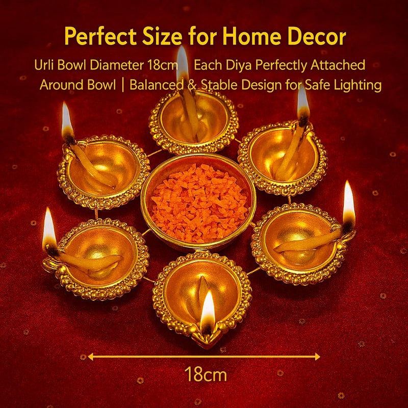 S Decor Premium Urli Bowl with 6 Diya for Festive Decor | Elegant Home Decor & Diwali Decoration for Home | Mandir Decoration Items for Pooja Festival & Diwali Decor Items (Golden Urli Bowl) - Image 3
