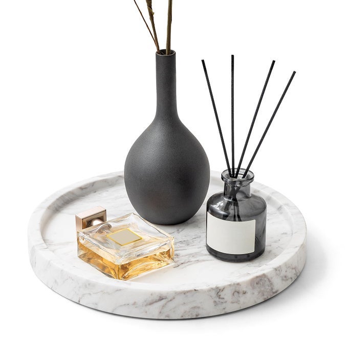 NATURAL MARBLE DECORATIVE TRAY FOR BATHROOM BEDROOM KITCHEN DRESSER ROUND VANITY TRAYS FOR JEWELRY PERFUME COSMETIC CANDLE COUNTERTOP STORAGE ORGANIZER FOR HOME DECOR COLOR WHITE TP601