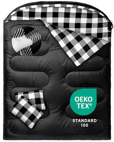 MEREZA Flannel Double Sleeping Bag for Adults Cold Weather XL Queen Size Sleeping Bag for All Season 2 Person Big and Tall Sleeping Bags for Camping 0 Degree with Pillow - Image 1