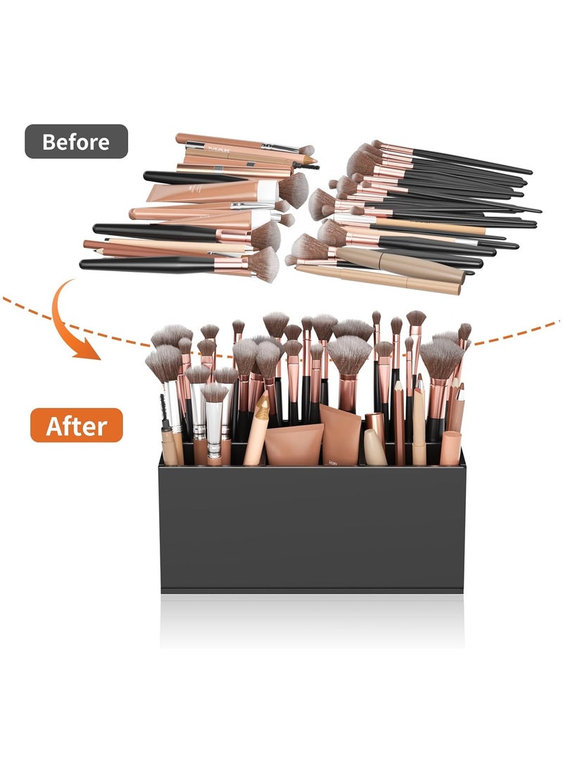 Black Makeup Brush Holder Organizer, Acrylic 6-Slots Cosmetic Brushes Storage Organizer for Vanity Countertop