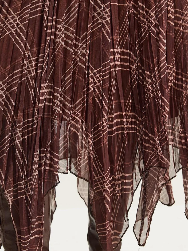 Bianco Lucci Mocha Brown LUCCI Lined Checkered Midi Skirt for Women | Best Price UAE