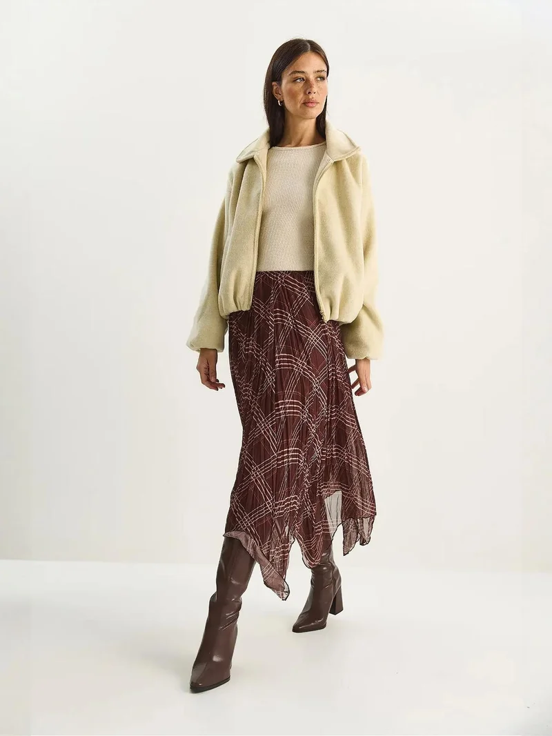 Bianco Lucci Mocha Brown LUCCI Lined Checkered Midi Skirt for Women | Best Price UAE