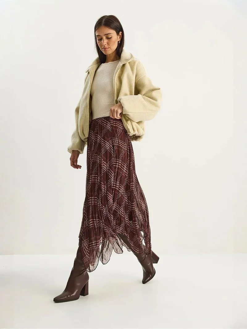 Bianco Lucci Mocha Brown LUCCI Lined Checkered Midi Skirt for Women | Best Price UAE