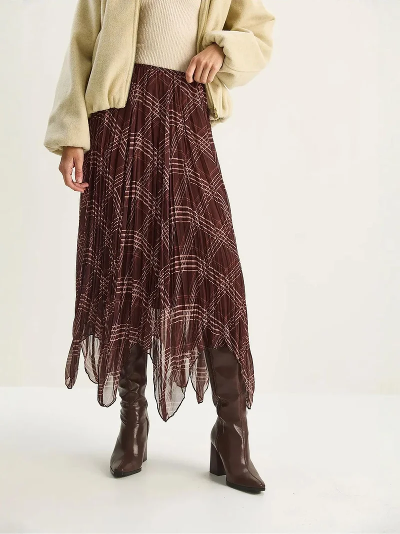 Bianco Lucci Mocha Brown LUCCI Lined Checkered Midi Skirt for Women | Best Price UAE