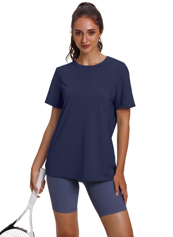 OFEEFAN Workout Tops for Women UPF 50+ Breathable Quick Dry Loose Fit T Shirt Outdoor Yoga Running Hiking Gym Tee Top, Navy, L - Image 2