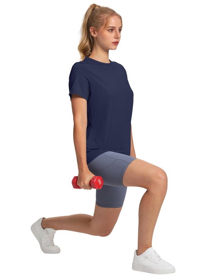 OFEEFAN Workout Tops for Women UPF 50+ Breathable Quick Dry Loose Fit T Shirt Outdoor Yoga Running Hiking Gym Tee Top, Navy, L - Image 3