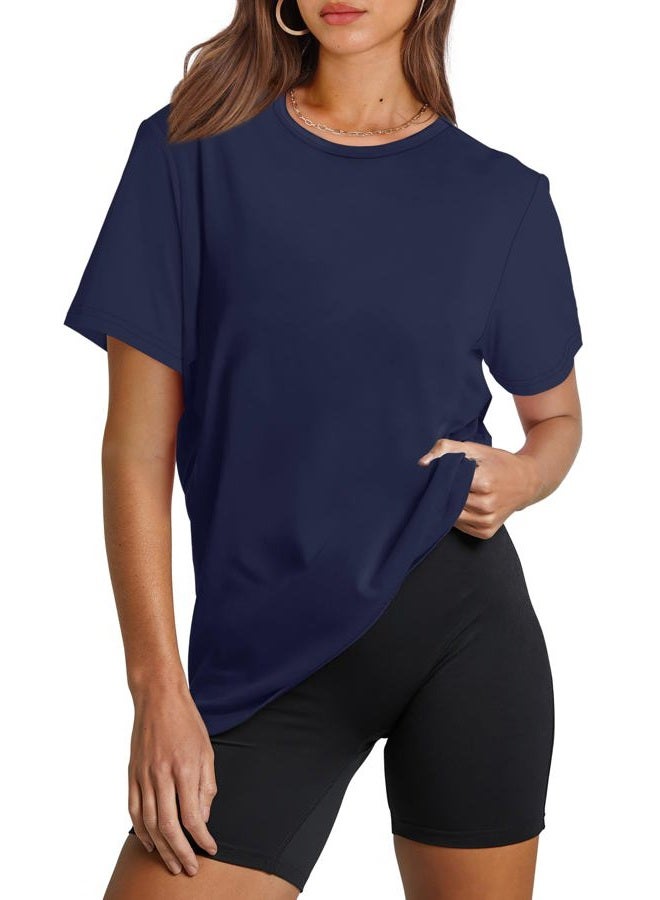 OFEEFAN Workout Tops for Women UPF 50+ Breathable Quick Dry Loose Fit T Shirt Outdoor Yoga Running Hiking Gym Tee Top, Navy, L - Image 1
