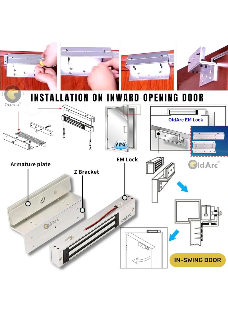 OldArc - OldArc EM Lock Z L Bracket Electromagnetic Lock 600lbs EM Lock for Door Z L Bracket for in Swing Door Access Control 12V DC EM Lock Wooden Door Metal Gate Inward Opening Door Installation Kit - Image 1