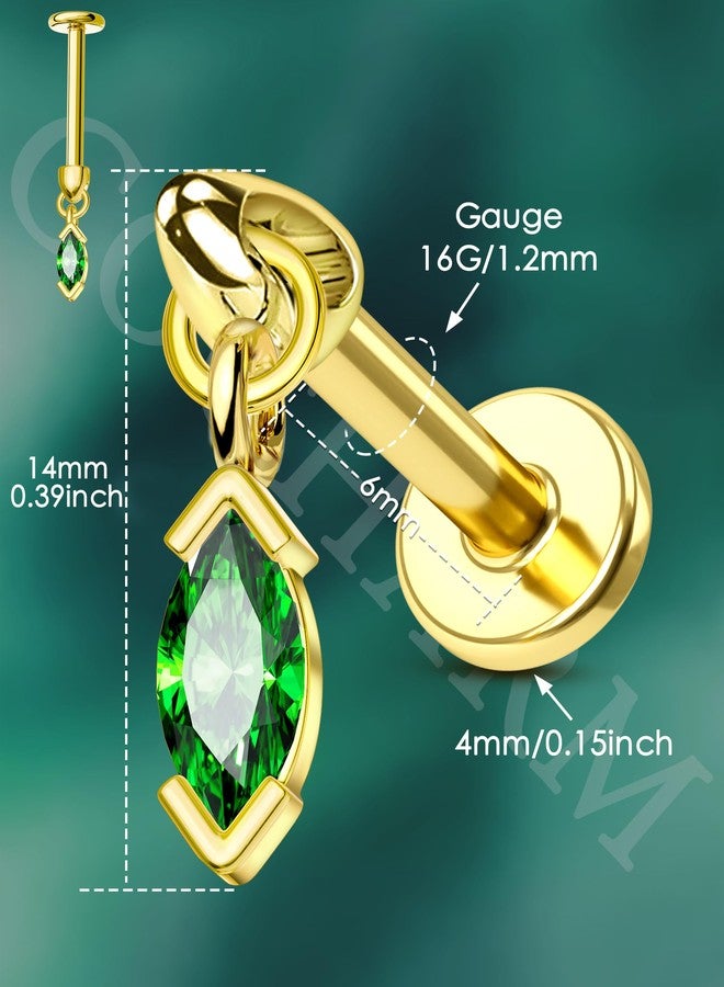 COCHARM 16G Vertical Helix Piercing Jewelry GOld, Dangle Marquise CZ Gem Helix Earring, 6mm Flat Back Gold Green Emerald Cartilage Tragus Jewelry, Drop Hangling Tragus Earring Stud for Women Men - Image 4