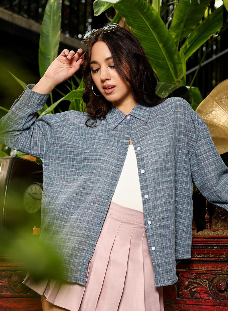 PINACOLADA Women's Moon Grey Micro-Plaid Oversized Shirt - Image 1