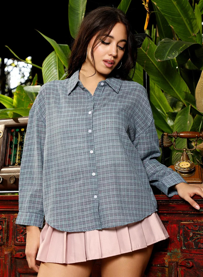 Pinacolada  Women's Moon Grey Micro-Plaid Oversized Shirt for Women | Best Price UAE