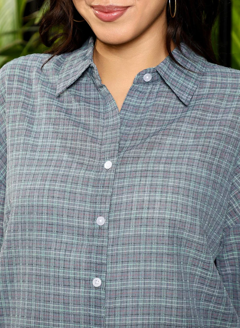Pinacolada  Women's Moon Grey Micro-Plaid Oversized Shirt for Women | Best Price UAE
