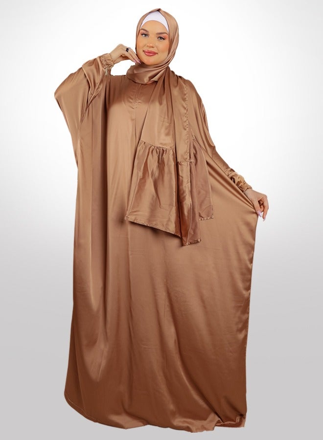 Zmurud Practical plain silky satin prayer dress with headscarf from zmurud fashion  - Image 1