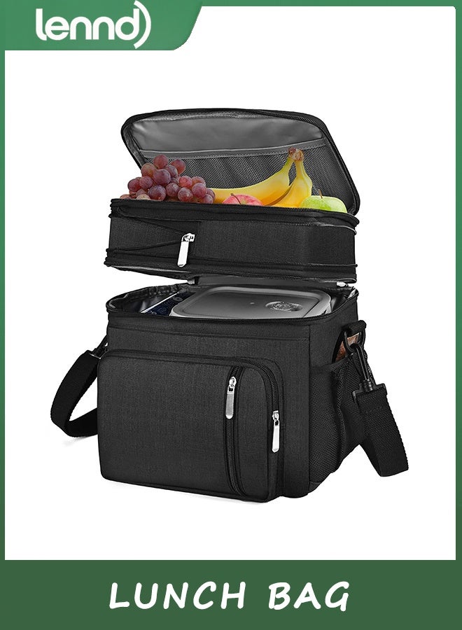 LENND Lunch Bag & Lunch Box for Men Women Double Deck - Leakproof Insulated Soft Large Adult Lunch Cooler Bag for Work (Black,15L) - Image 1