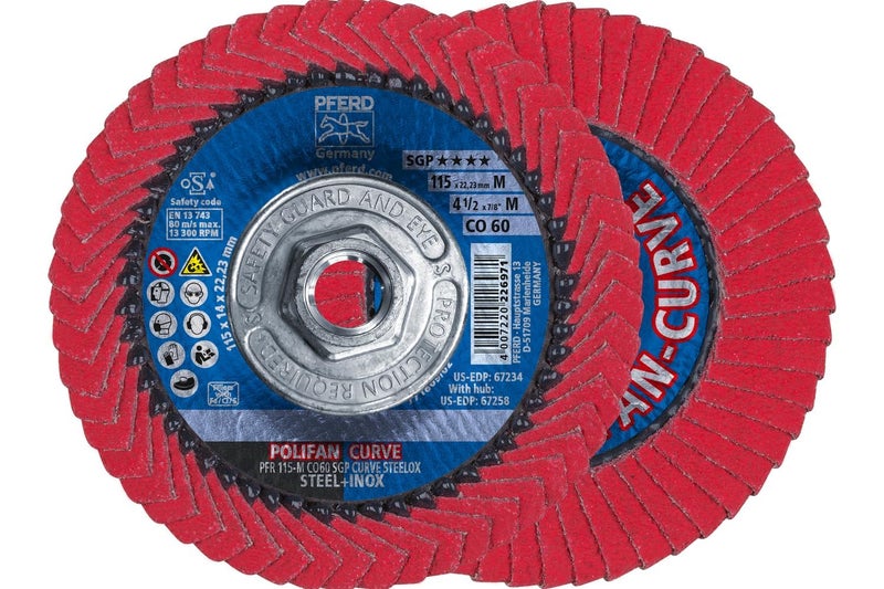 PFERD 67258 POLIFANÂ®-Curve Radial Type Flap Disc - Ceramic Oxide, 4-1/2" Diameter, 5/8-11 Thread, 13300 RPM, 60 Grit Welding Accessory and Angle Grinder Attachment - Image 1