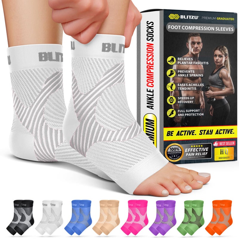 BLITZU Compression Socks for Plantar Fasciitis Achilles Tendonitis Relief Ankle Compression Sleeve for Heel Spurs Foot Swelling Fatigue Sprain Arch Support Brace for Sports Gym White LXL