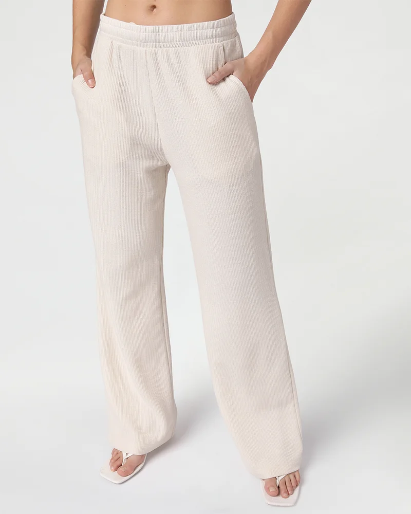 Women's Beige Straight Fit Textured Easy Pants
