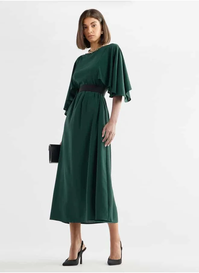 FAV Solid Midi Dress with Flutter Sleeves and Tie-Up Belt