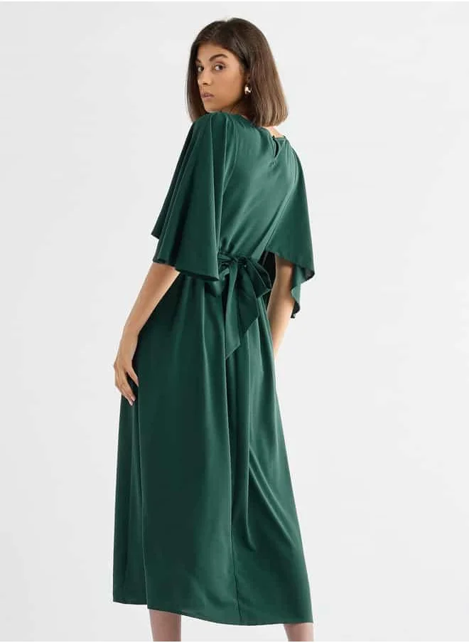 FAV Solid Midi Dress with Flutter Sleeves and Tie-Up Belt