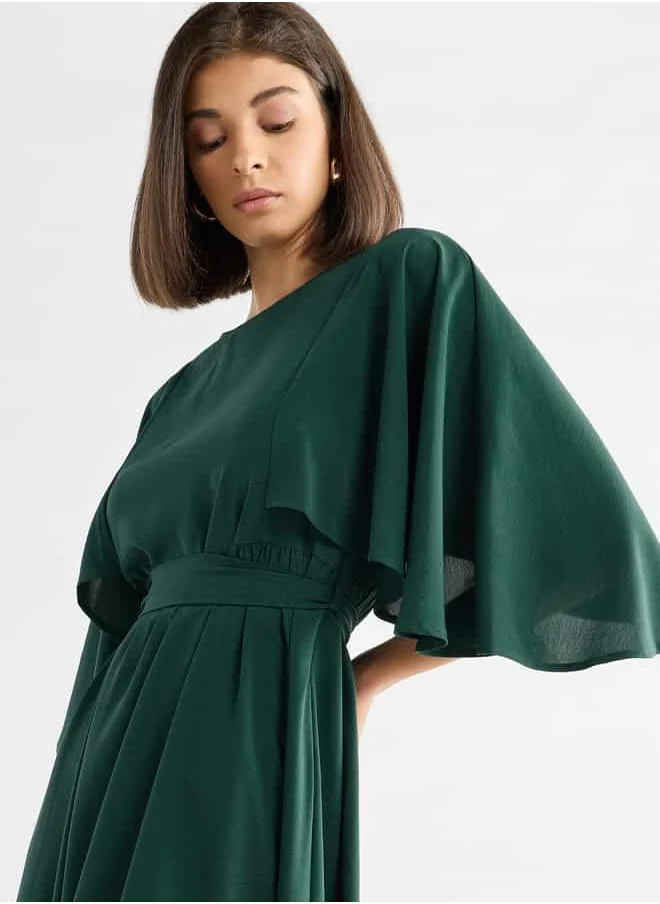 FAV Solid Midi Dress with Flutter Sleeves and Tie-Up Belt