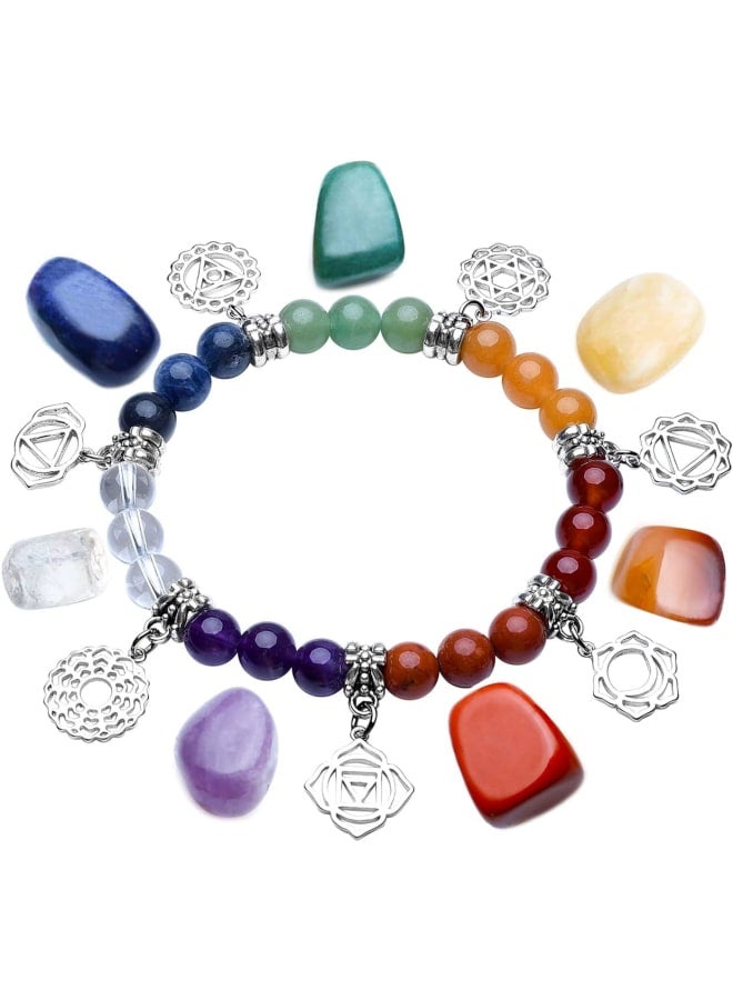 Top Plaza 7 Chakra Healing Crystals Yoga Balance Irregular Polished Tumbled Palm Stones Set W/ 7 Chakra Balancing Energy Stone Bracelet (7 Chakra Symbols)  - Image 1