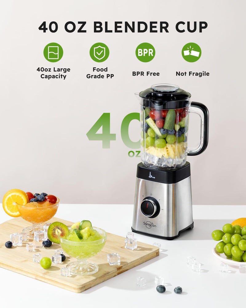 Sangcon Blenders and Food Processor Combo for Kitchen, 5 in 1 Blender for Shakes and Smoothies, Meat Chopped, Grinding & more, 40 oz Jar & 17oz Cup with To-Go Lid, Stainless Steel Silver - Image 2