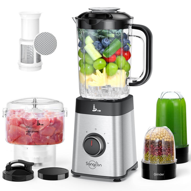 Sangcon Blenders and Food Processor Combo for Kitchen, 5 in 1 Blender for Shakes and Smoothies, Meat Chopped, Grinding & more, 40 oz Jar & 17oz Cup with To-Go Lid, Stainless Steel Silver - Image 1