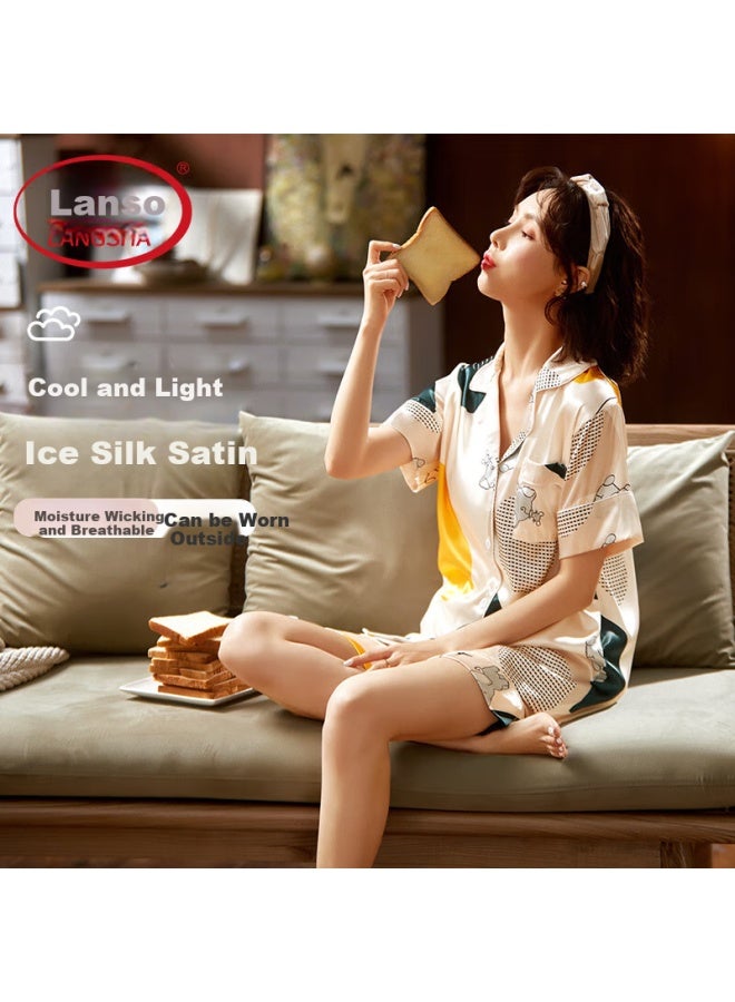 LANG SHA Langsha Women's Summer Ice Silk Cool Short Sleeve Shorts Cardigan Can Be Worn Outside Home Clothes Beige Elephant - Image 2