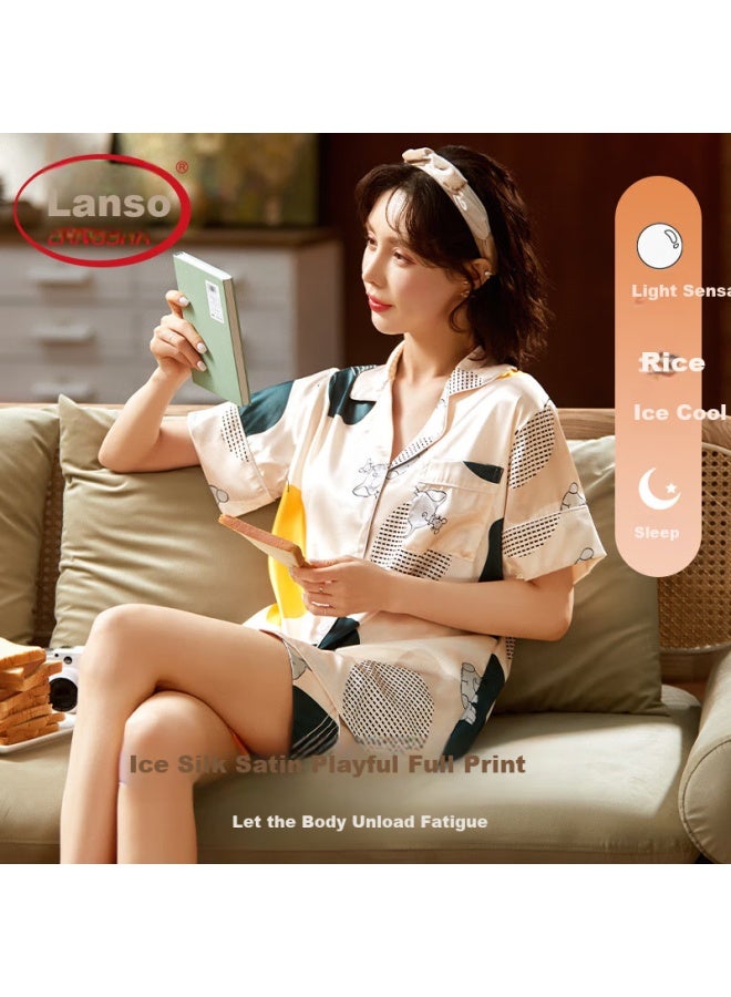 LANG SHA Langsha Women's Summer Ice Silk Cool Short Sleeve Shorts Cardigan Can Be Worn Outside Home Clothes Beige Elephant - Image 3