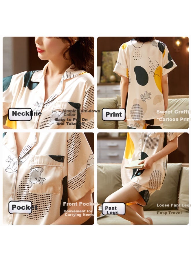 LANG SHA Langsha Women's Summer Ice Silk Cool Short Sleeve Shorts Cardigan Can Be Worn Outside Home Clothes Beige Elephant - Image 5