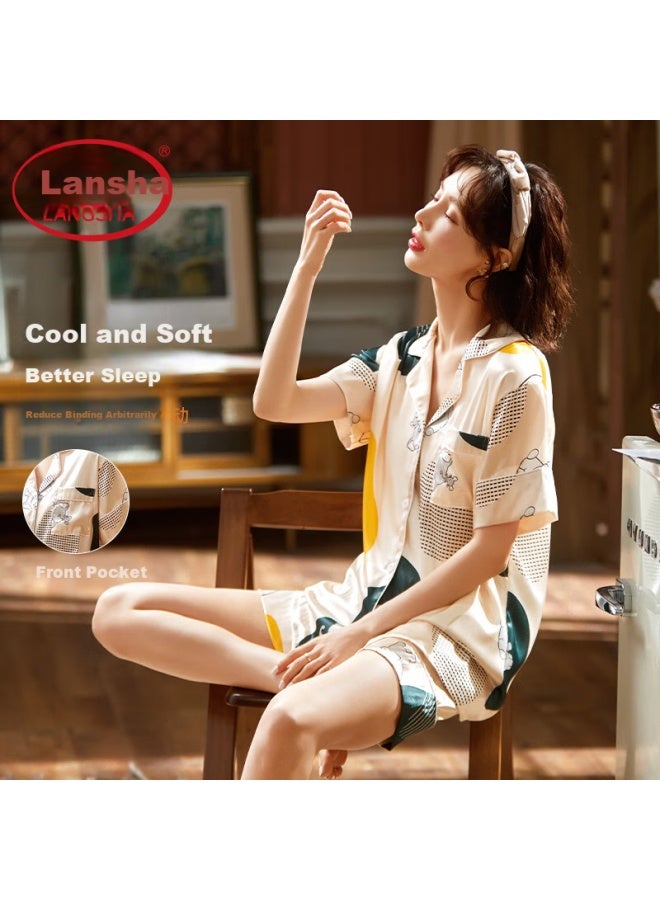 LANG SHA Langsha Women's Summer Ice Silk Cool Short Sleeve Shorts Cardigan Can Be Worn Outside Home Clothes Beige Elephant - Image 4