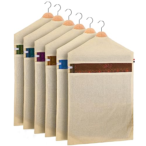 SOLSTICE Hanging Cotton Saree Covers/Bags of 30 x 18 (Inches) For Clothes Storage, Wardrobe Organizer (Hangers Are NOT Included) (Single Pocket - Pack of 6) - Image 1
