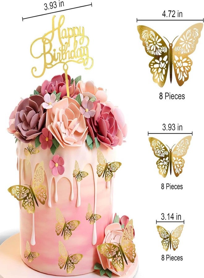 Mvwarj Gold Butterfly Cake Decorations, 24 Pcs 3D Cutout Butterfly Cake Topper for Birthday Party, Wedding Bouquet or Wall Sticker Decoration, 3 Sizes Includes, with 1 Piece Happy Birthday Sign - Image 2
