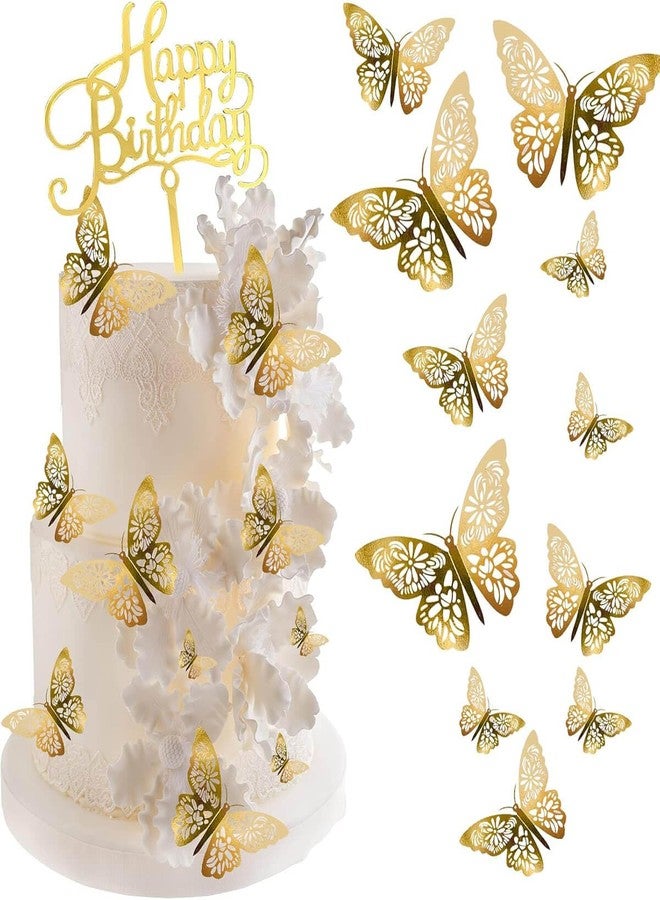 Mvwarj Gold Butterfly Cake Decorations, 24 Pcs 3D Cutout Butterfly Cake Topper for Birthday Party, Wedding Bouquet or Wall Sticker Decoration, 3 Sizes Includes, with 1 Piece Happy Birthday Sign - Image 1
