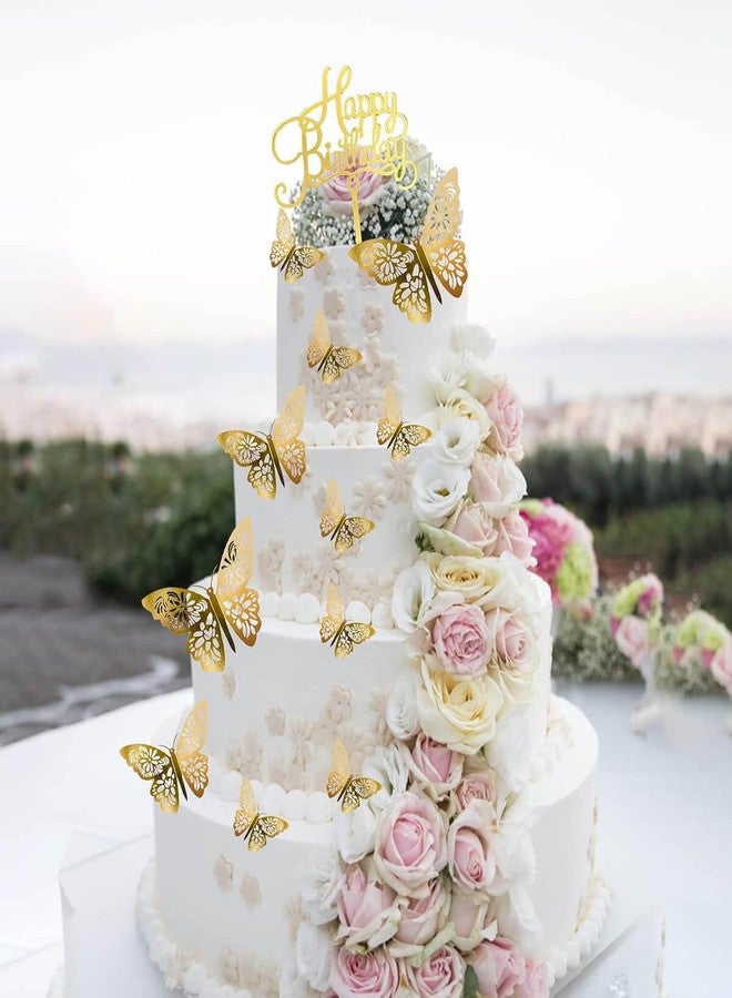 Mvwarj Gold Butterfly Cake Decorations, 24 Pcs 3D Cutout Butterfly Cake Topper for Birthday Party, Wedding Bouquet or Wall Sticker Decoration, 3 Sizes Includes, with 1 Piece Happy Birthday Sign - Image 4