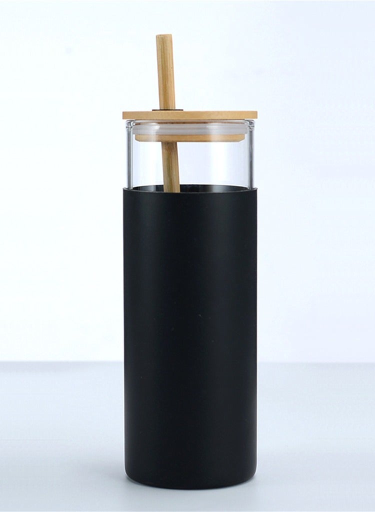 KASTWAVE Glass Tumbler with Straw and Bamboo Lid and 600ml Creative Chic Drinking Cup Transparent Straw Glass Bottle Iced Coffee Cup Smoothie Cups Tumbler with Silicone Protective Sleeve - Image 1