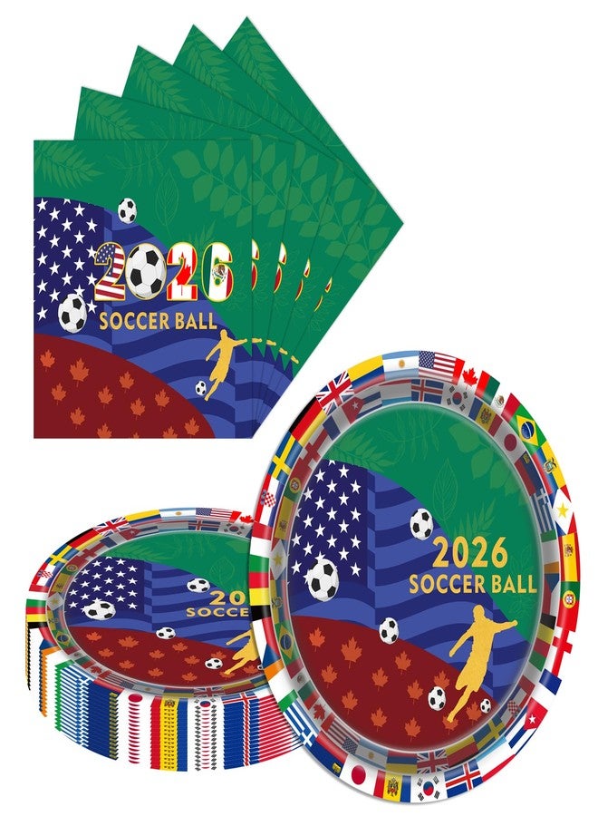 LDFDRT زينة حفلات كأس العالم لكرة القدم 2026 - الولايات المتحدة الأمريكية، كندا، المكسيك، طقم أطباق ومناديل كرة قدم مكون من 20 قطعة، أطباق ورقية للاستخدام مرة واحدة مقاس 9 بوصات، لوازم حفلات كرة القدم لتزيين حفلات أعياد الميلاد. - Image 1
