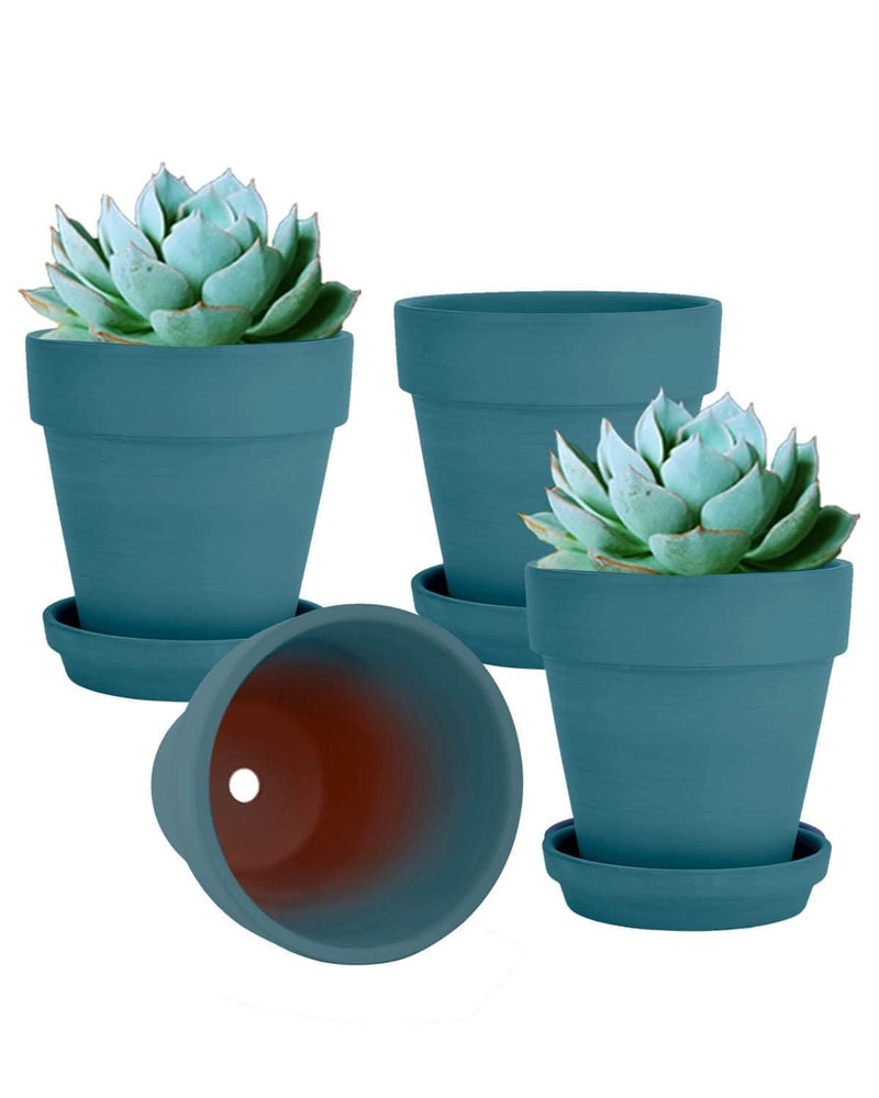 vensovo 6 Inch Steel Blue Terracotta & Clay Pots for Plant with Saucer - 4 Pack Medium Terra Cotta Planter with Drainage Hole, Flowerpot for Indoor Outdoor Plants, Crafts, Wedding Favor - Image 1