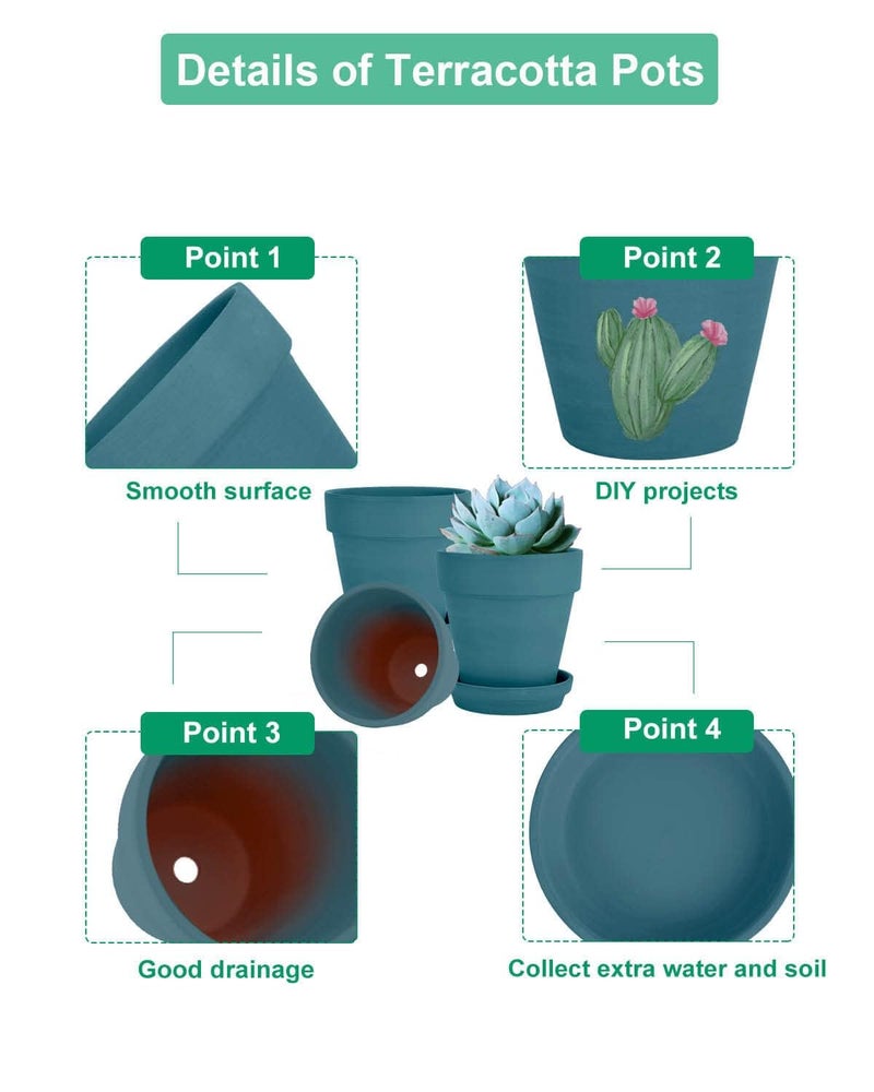 vensovo 6 Inch Steel Blue Terracotta & Clay Pots for Plant with Saucer - 4 Pack Medium Terra Cotta Planter with Drainage Hole, Flowerpot for Indoor Outdoor Plants, Crafts, Wedding Favor - Image 3