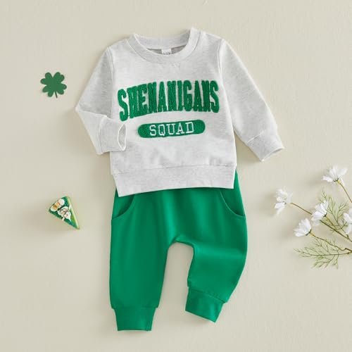 Frietlebird Baby Boy St Patricks Day Outfit Letters Print Crewneck Sweatshirt with Pants Cute St Patricks Day Baby Boy Outfit (P-Grey Green,6-12 Months) - Image 2