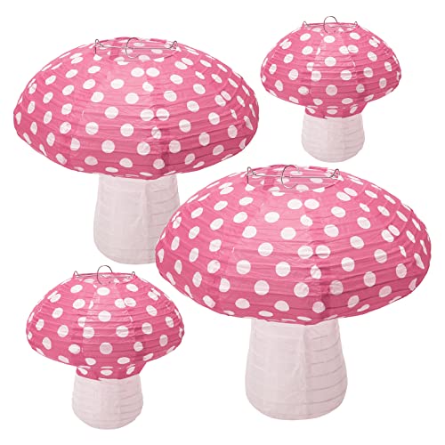 Windspeed 4Pcs Mushroom Shaped Paper Lanterns - Large Mushroom Shaped Paper Lanterns For Nursery, Garden, Christmas Party Decoration - 8 inch, 12 inch (Pink) - Image 1