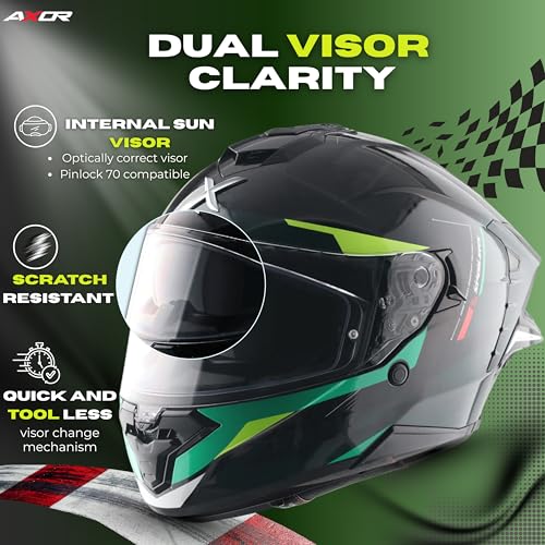AXOR Brutale Kryptic Dual Spoiler Helmet – Aerodynamic Full Face Design | Certified (ISI, DOT, ECE) | Premium Safety & Comfort- Black Green, Size:S - Image 3