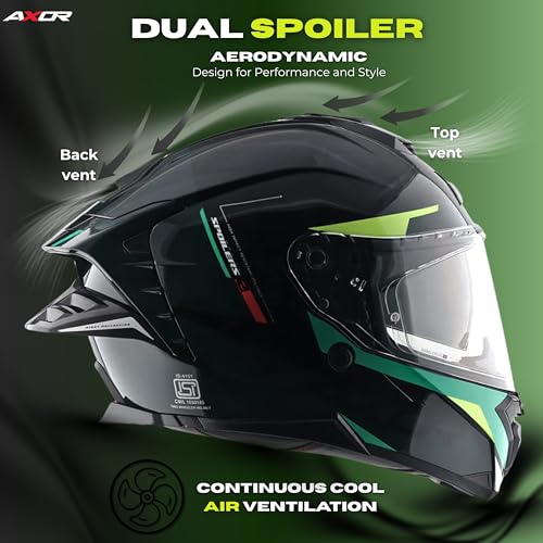 AXOR Brutale Kryptic Dual Spoiler Helmet – Aerodynamic Full Face Design | Certified (ISI, DOT, ECE) | Premium Safety & Comfort- Black Green, Size:S - Image 2