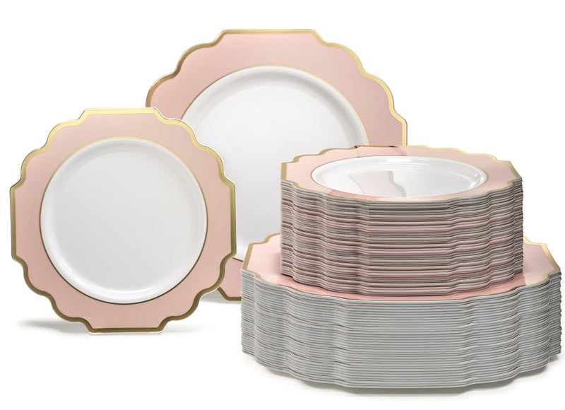 OCCASIONS FINEST PLASTIC TABLEWARE OCCASIONS  120 Plates Pack60 Guests Heavyweight Premium Wedding Party Disposable Plastic Plates Set 60 x 105 Dinner  60 x 8 SaladDessertImperial in Blush  Gold 