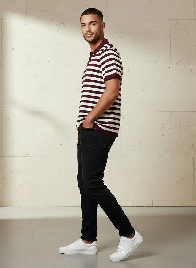 Splash FAV Men Short Sleeves Striped Johnny Collar Polo T-shirt