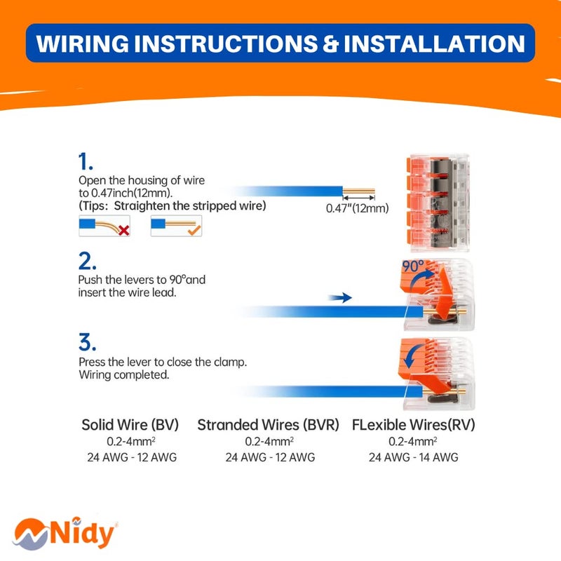 Nidy 5Pcs Compact Lever Wire Nut Connector 5 Port Splicing Wire Connector Universal Quick Wiring Cable Connection Pushin Conductor Terminal Block Reusable CE RoHS Certified 2412 AWG - Image 4