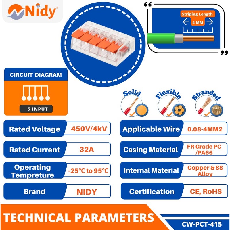 Nidy 5Pcs Compact Lever Wire Nut Connector 5 Port Splicing Wire Connector Universal Quick Wiring Cable Connection Pushin Conductor Terminal Block Reusable CE RoHS Certified 2412 AWG - Image 2